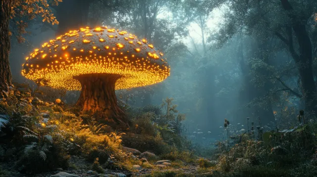 A bioluminescent mushroom tree glows in a foggy night forest with blue light and orange highlights.