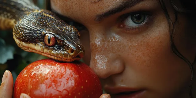 Freckled woman with green eyes holds a red apple while a patterned snake rests its head on the fruit near her face.