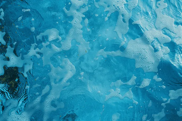 Aerial top view of cyan-blue water surface texture with bubble foam and mottled patterns