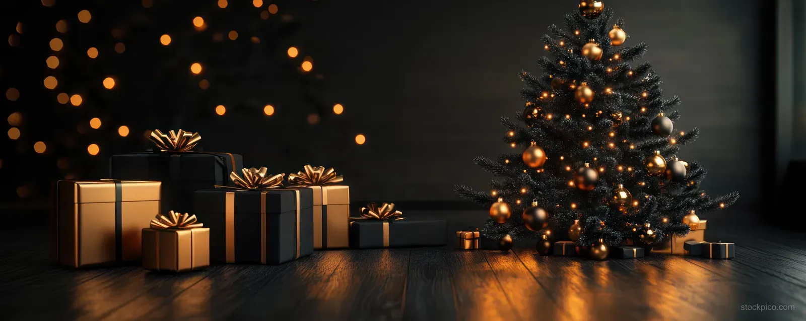 Black and gold Christmas tree next to wrapped gift boxes with warm glowing lights in a dark room.