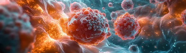 Close-up view of glowing cancer cells with textured surfaces interacting in a luminous fluid environment.