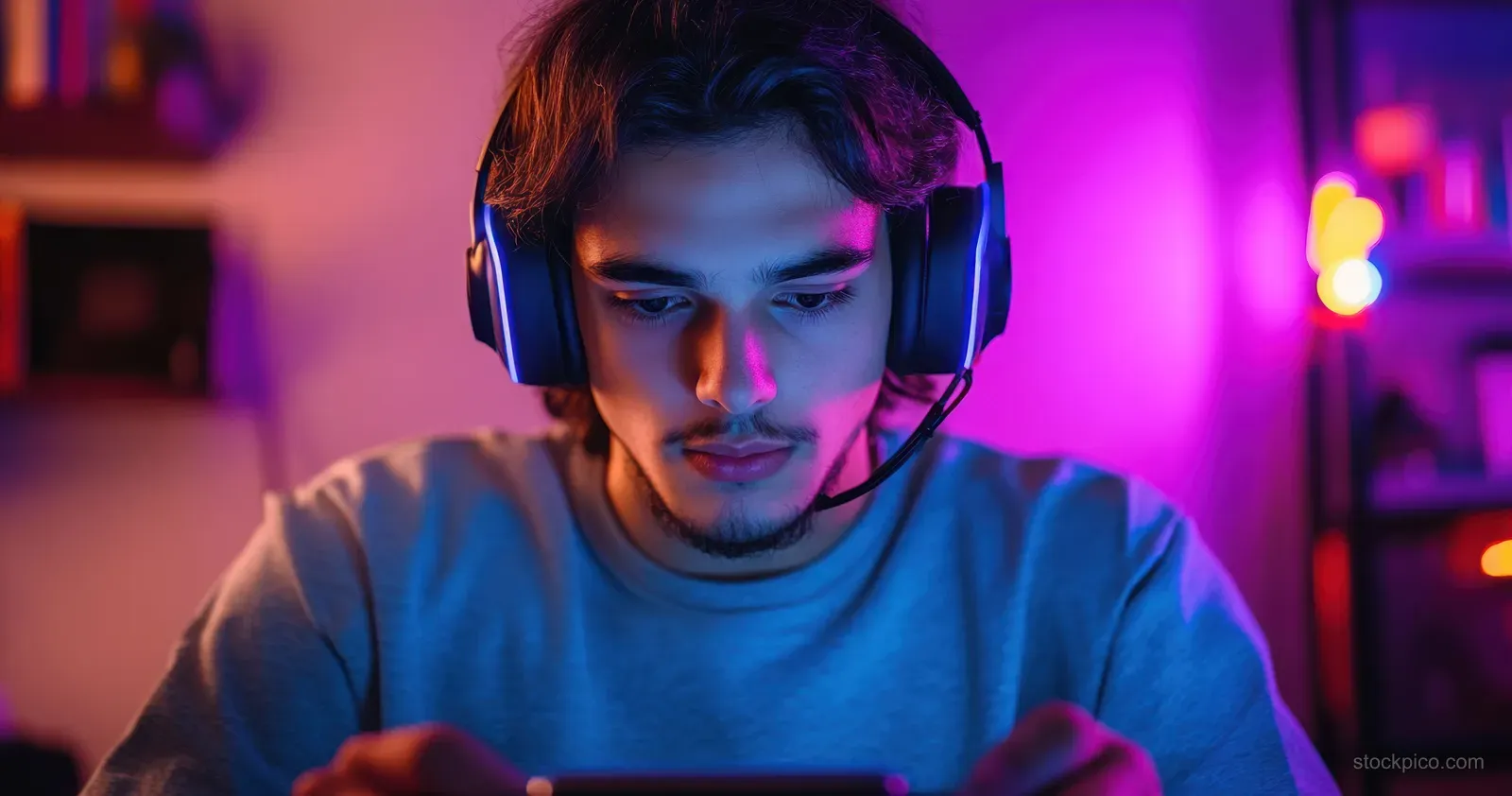 A focused young man wearing a gaming headset plays video games in a dim room under purple and blue lights.