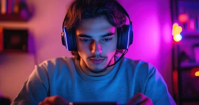 A focused young man wearing a gaming headset plays video games in a dim room under purple and blue lights.