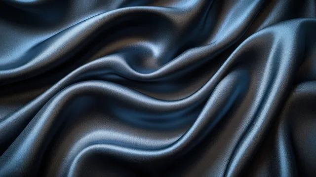 Close-up of black satin silk fabric with flowing wave folds and glossy highlights under soft light.