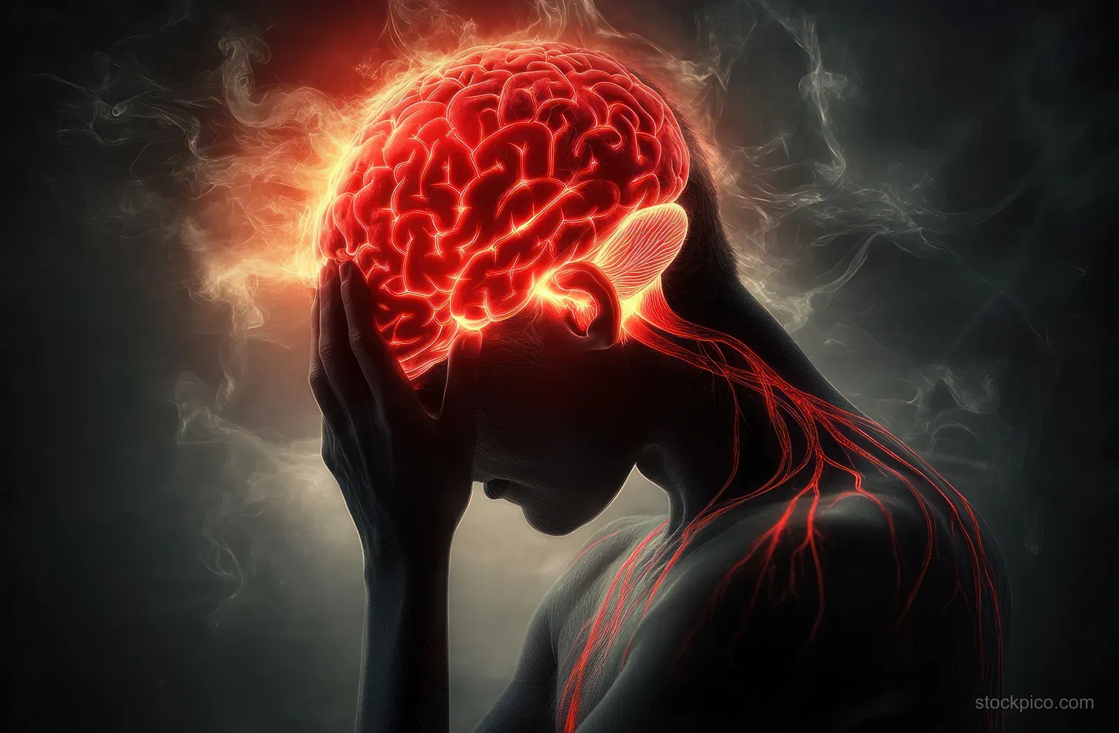 Dark silhouette holding head as a glowing red brain burns behind it in smoky migraine concept art.