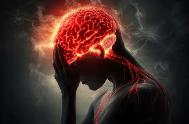 Dark silhouette holding head as a glowing red brain burns behind it in smoky migraine concept art.