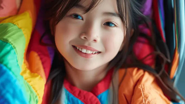 A smiling young girl in a colorful wheelchair with bright rainbow colors around her.