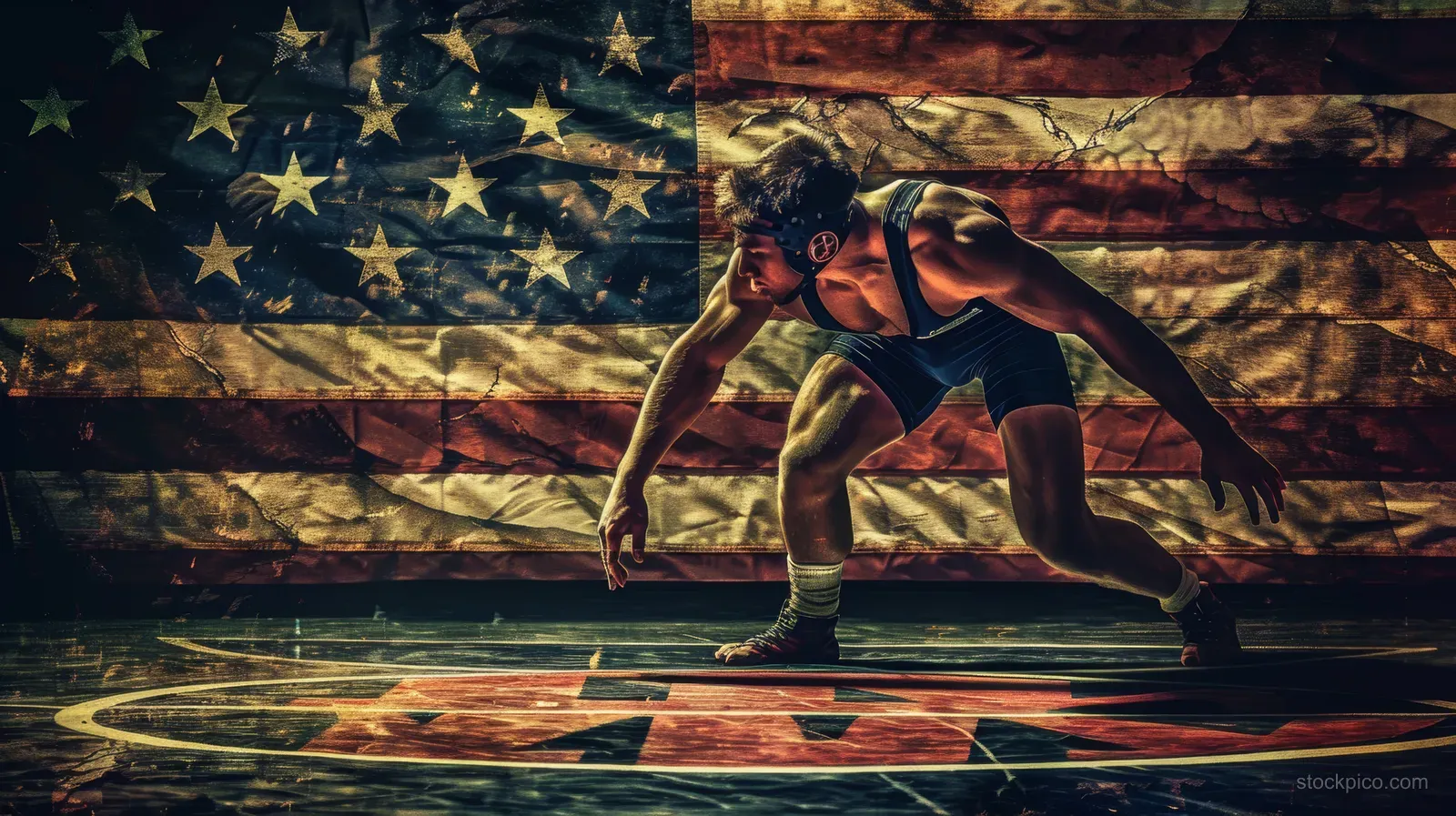 Two Greco-Roman wrestlers grapple on a wrestling mat with an American flag backdrop behind them.