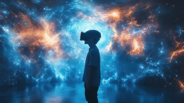 Silhouette of a person wearing a VR headset surrounded by glowing blue and orange nebula clouds.