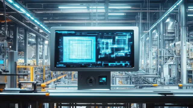 Wall-mounted touchscreen displays engineering blueprints in a futuristic automated factory with steel beams and control lights.