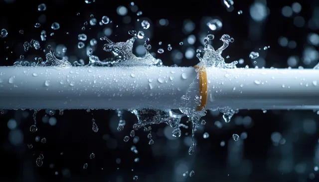 White PVC pipe leak with water dripping and splashing under dark overhead light