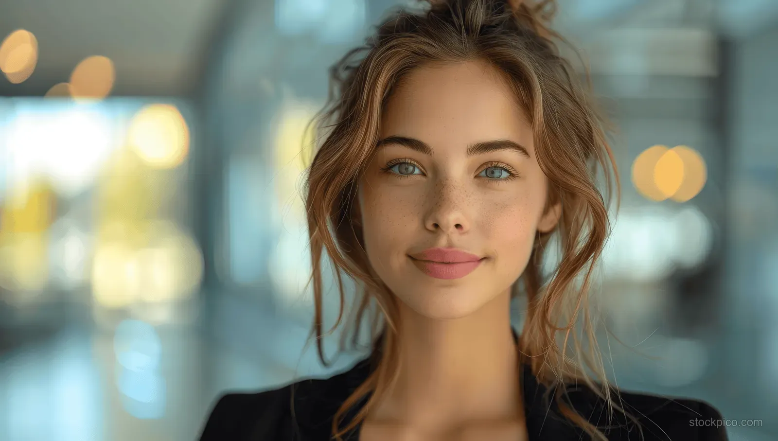 Young woman with light brown hair and blue eyes smiling indoors with soft blurred bokeh background.