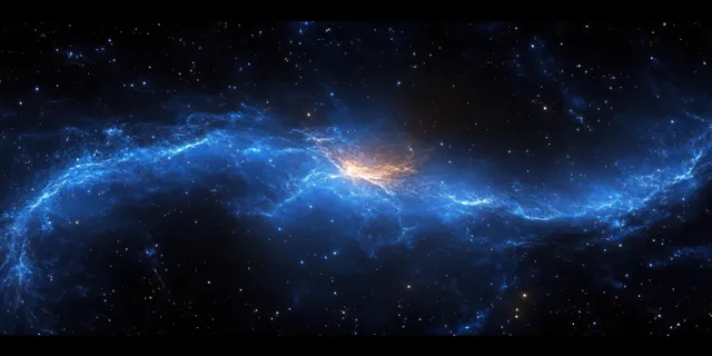 A blue nebula spans the dark sky with scattered stars and glowing cosmic dust in a wide panorama.