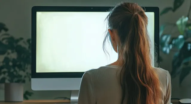 Back view of woman in ponytail working at desk with blank monitor and indoor plants