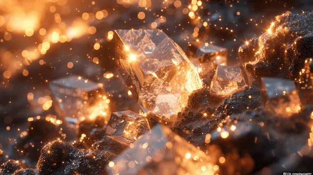 Glowing golden crystal shards surrounded by warm light sparks on a dark abstract background.