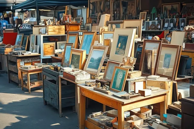 Framed paintings and small antiques are displayed on wooden tables at an outdoor market stall under a shaded canopy.