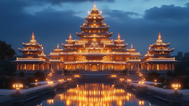Illuminated multi-tier temple at dusk with lanterns and its reflection in calm water.
