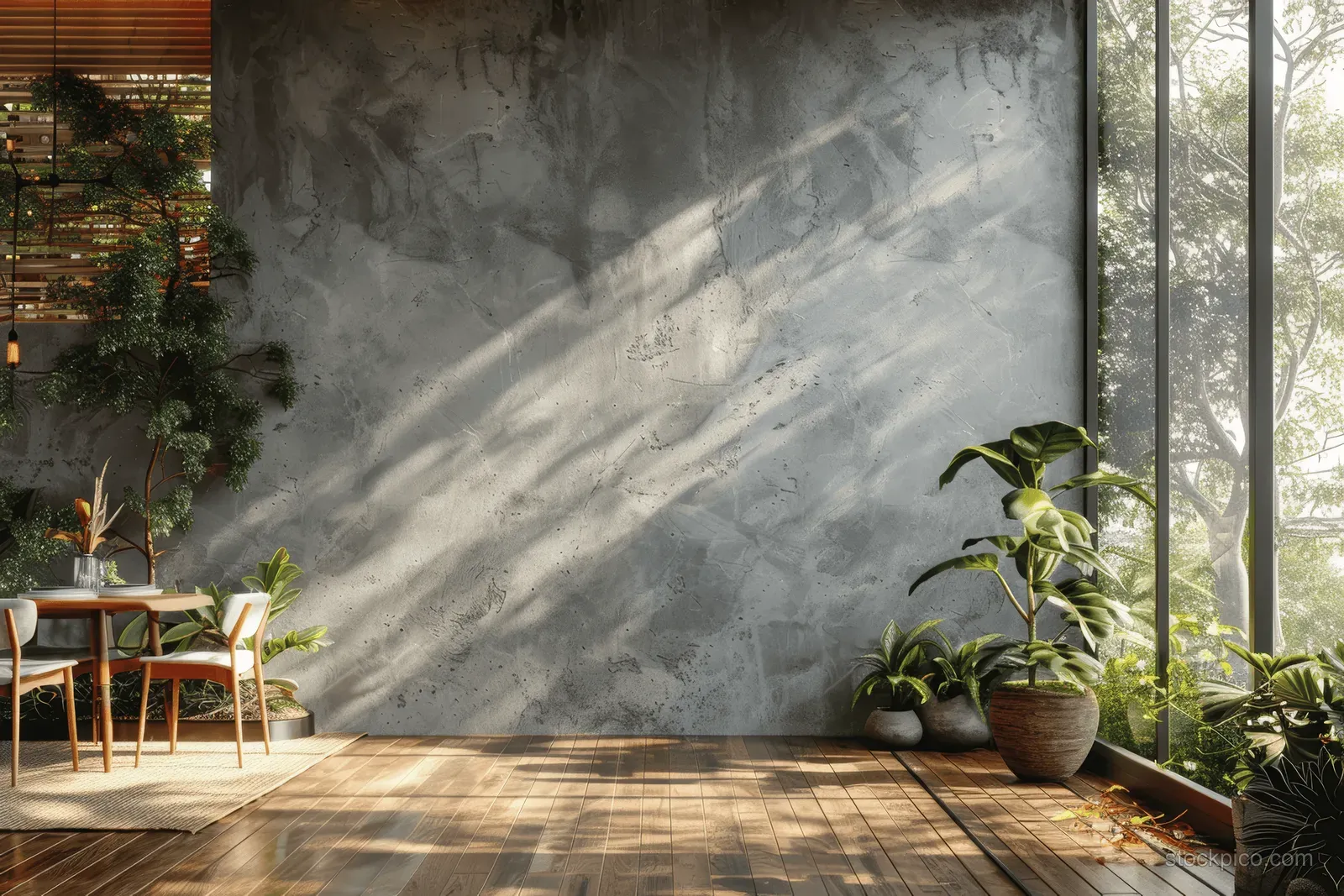 Sunlit minimalist dining nook with round table, wooden floor, potted plants, and concrete wall near large windows.