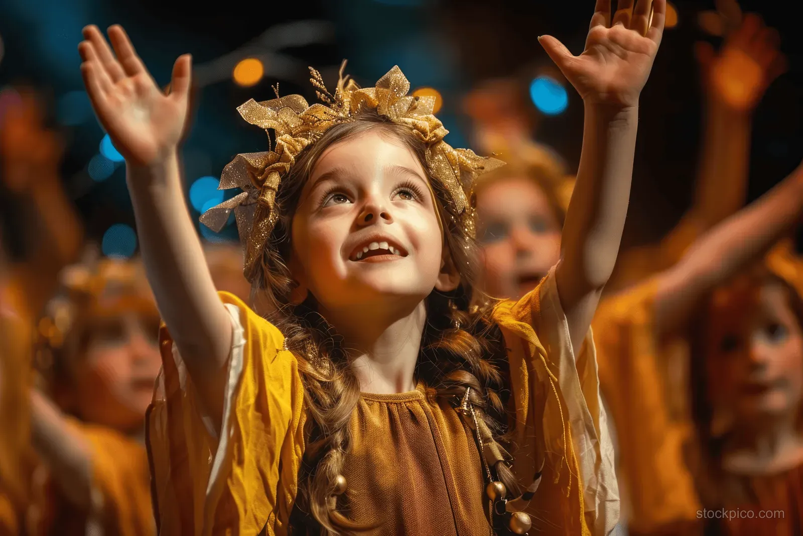 A smiling girl wearing a golden wreath and yellow costume performs on stage as other children cheer in the background.