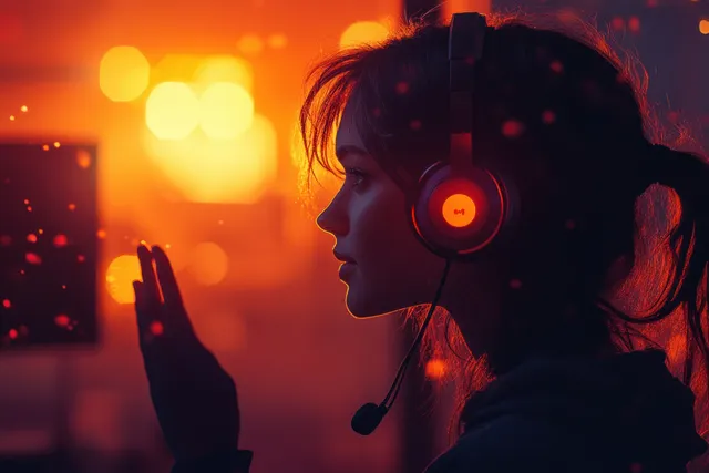 Young man wearing a headset waves while seated at a desk in a warm office with blurred lights.