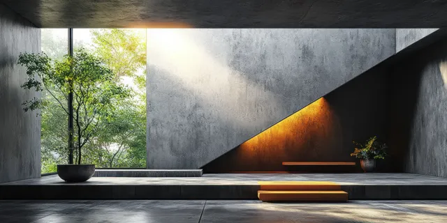 Empty concrete interior with a slanted wall, warm beam of light, and dramatic shadows on the floor.