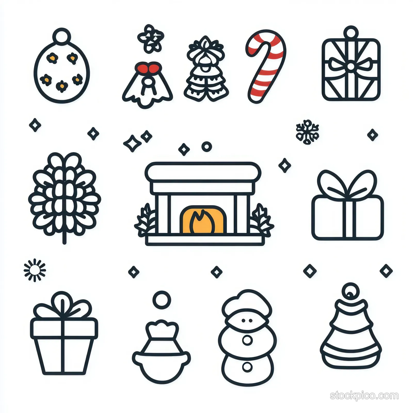 A grid of simple line icons showing Christmas gifts, snowman, ornaments, candy cane, and a fireplace illustration.