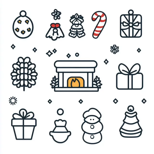 A grid of simple line icons showing Christmas gifts, snowman, ornaments, candy cane, and a fireplace illustration.