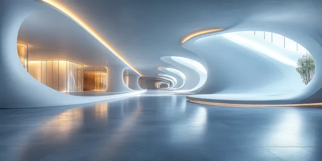 Futuristic white interior corridor with embedded ceiling lights, curved arches, and a reflective floor.