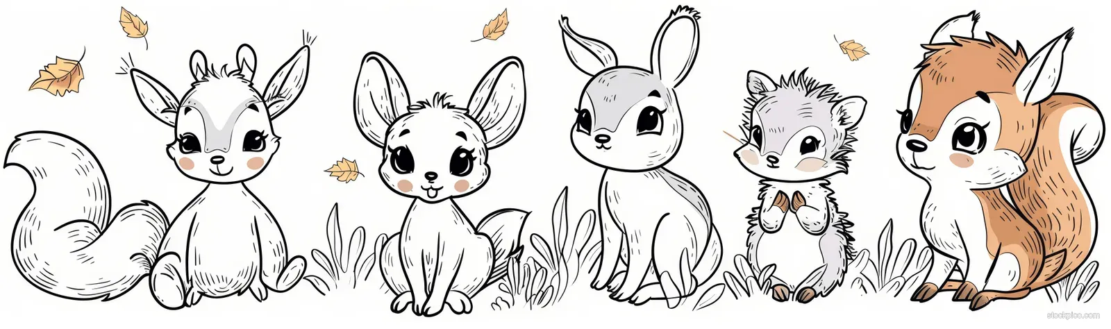 Outlined fawn, deer, hare, squirrel, and hedgehog cartoon characters on a white coloring-page background.