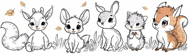 Outlined fawn, deer, hare, squirrel, and hedgehog cartoon characters on a white coloring-page background.