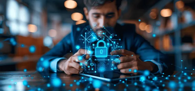Businessman typing on laptop while digital padlock icon hovers over network security code