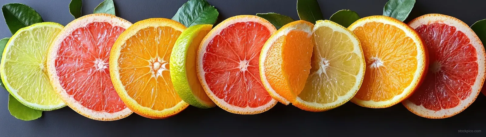 Orange, lemon, lime, and grapefruit slices arranged in a row on a dark background.