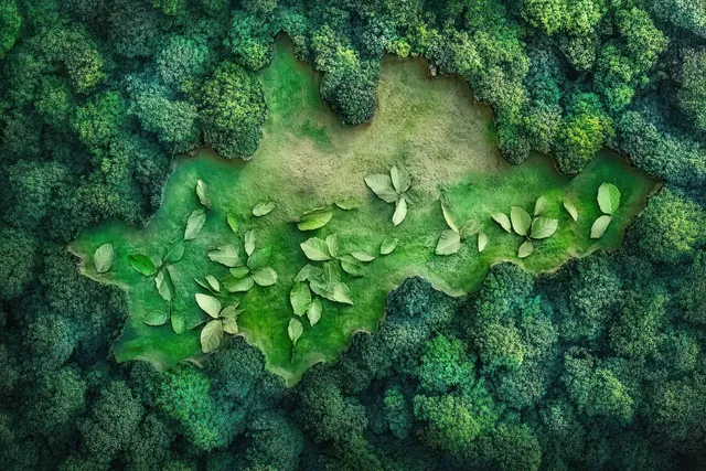 Aerial view shows dense forest around a bright clearing with scattered large leaves.