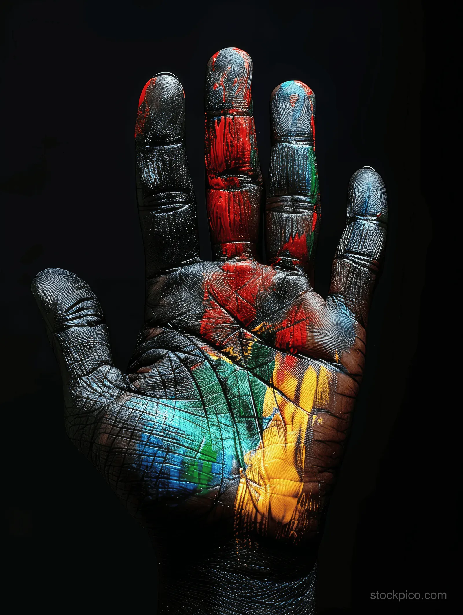 Close-up of a painted hand with colorful neon paint splashes across fingers on a dark background.