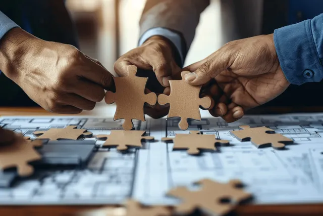 Several coworkers’ hands fit puzzle pieces together over engineering blueprints on a desk in an office meeting.