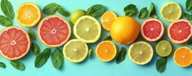 Colorful citrus fruit slices and mint leaves arranged on blue background, bright flat lay