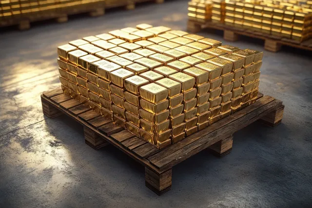 Shiny gold ingots are stacked on wooden pallets in a dim industrial warehouse aisle.