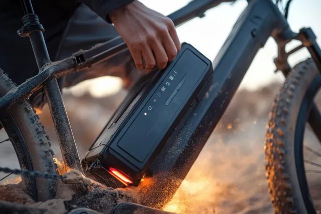 A person’s hand holds a muddy electric mountain bike battery pack on the frame outdoors at sunset.