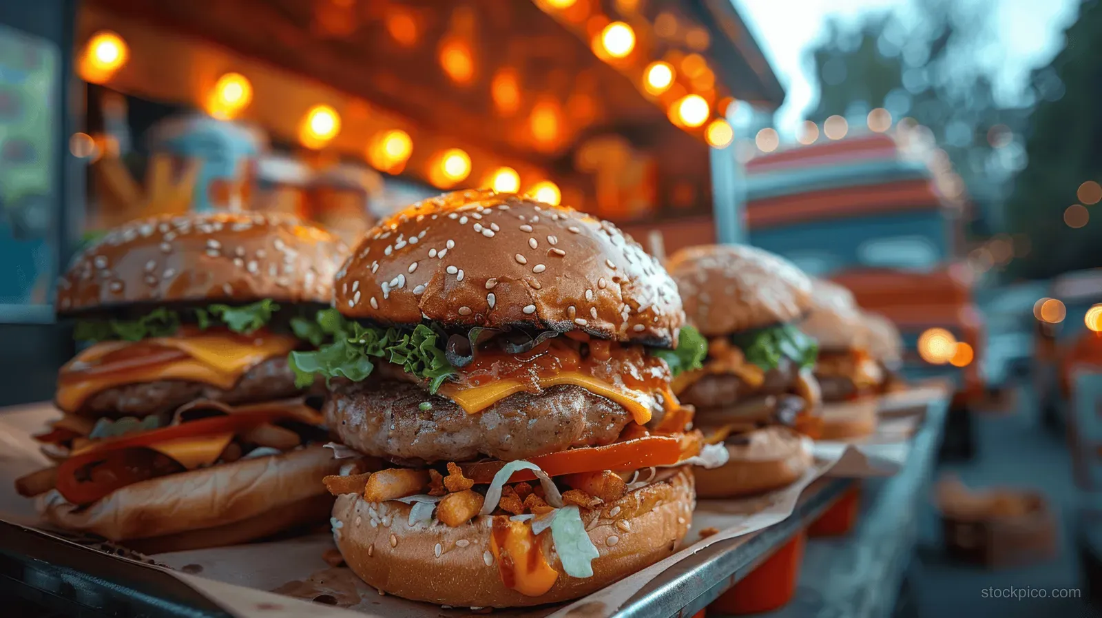 Stacked burgers on a takeaway tray in front of a red and orange food truck with warm night bokeh lights.