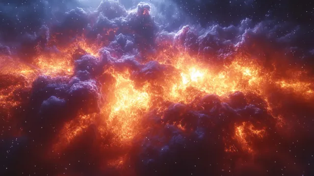Fiery orange and blue-violet cosmic nebula clouds glow across a dark star-filled deep space background.