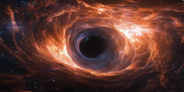 Equirectangular view of a black hole pulling in glowing orange and purple nebula with distant stars.