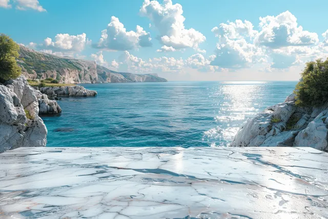 White marble tabletop in front of a bright ocean cove with sunlit waves and rocky cliffs.