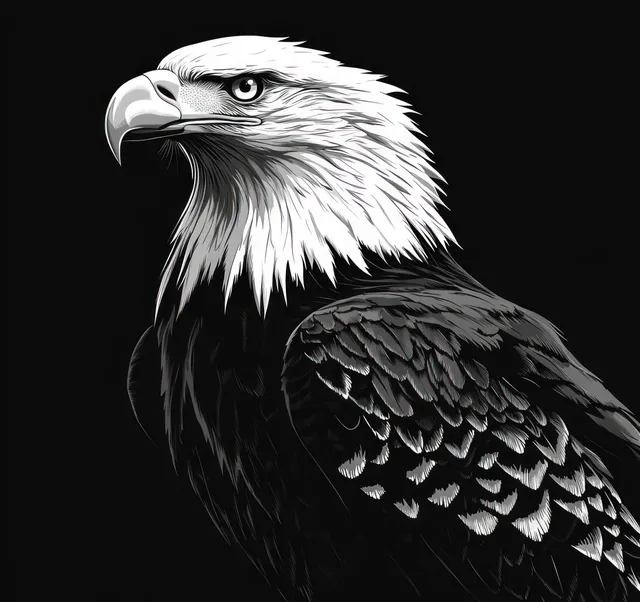 Black and white bald eagle portrait with sharp eye and detailed feather texture