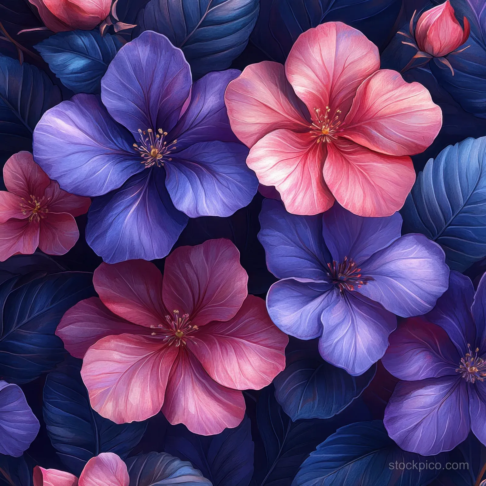 Purple and pink watercolor flowers with dark blue leaves fill a dense repeating pattern background.