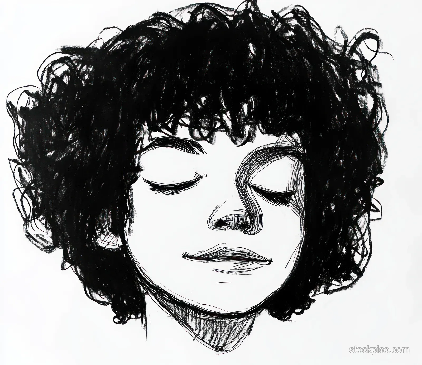 Black and white line sketch of a curly-haired person with closed eyes and a slight peaceful smile.
