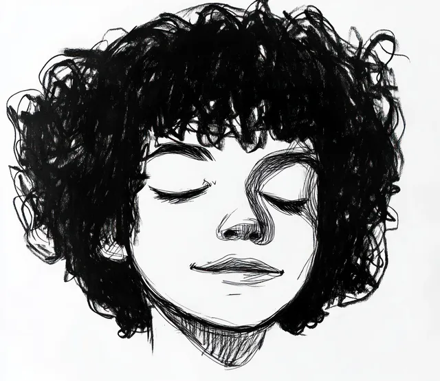 Black and white curly-haired portrait sketch with closed eyes and gentle smile