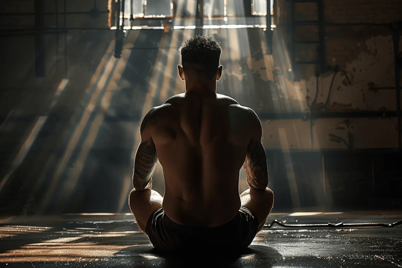 Muscular man sits cross-legged meditating in an industrial room as sunlight beams fall behind him.