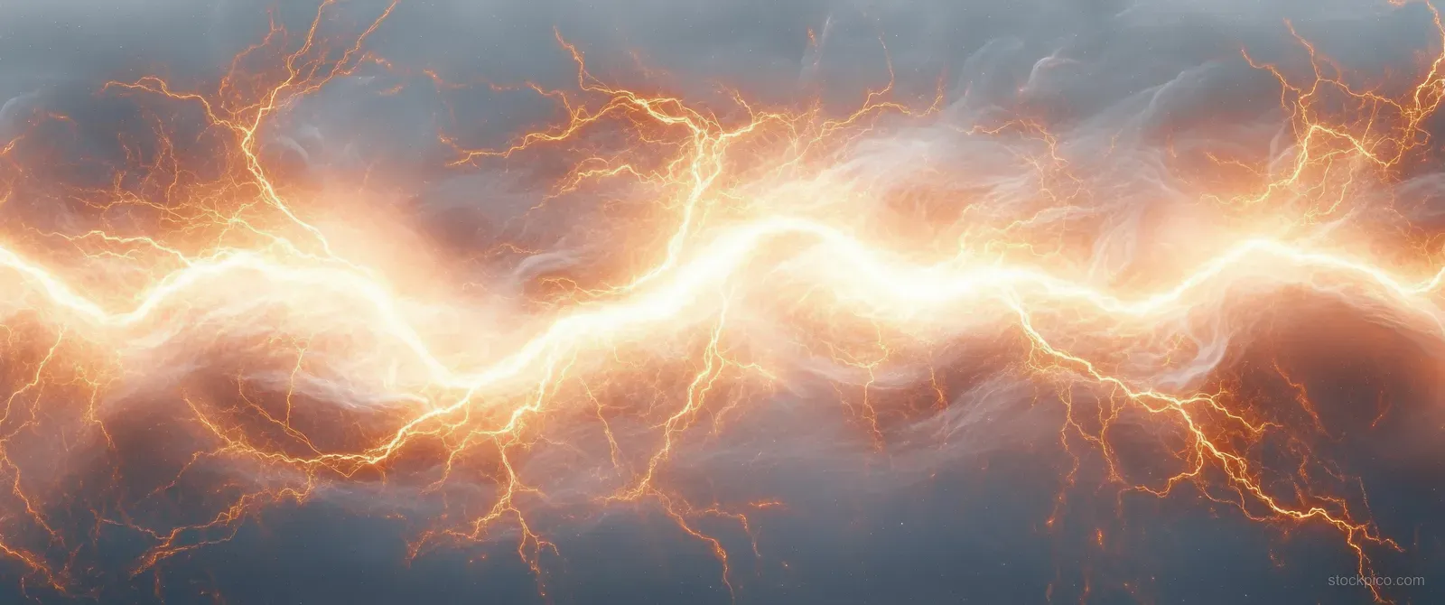 Orange lightning bolts crack across a dark stormy sky with branching electric arcs and glowing light.