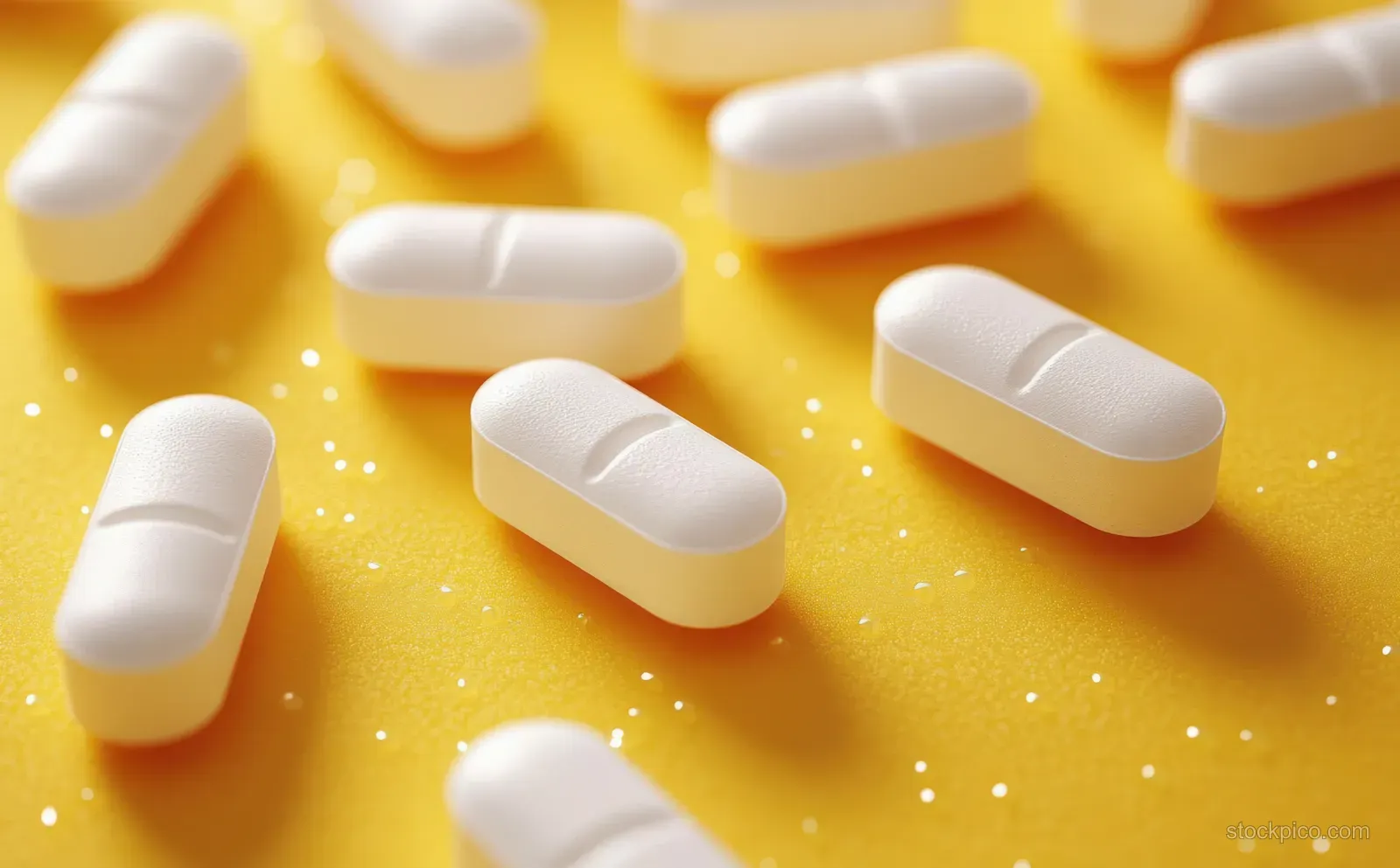 Scattered scored white oval tablets rest on a bright yellow background with tiny white specks.