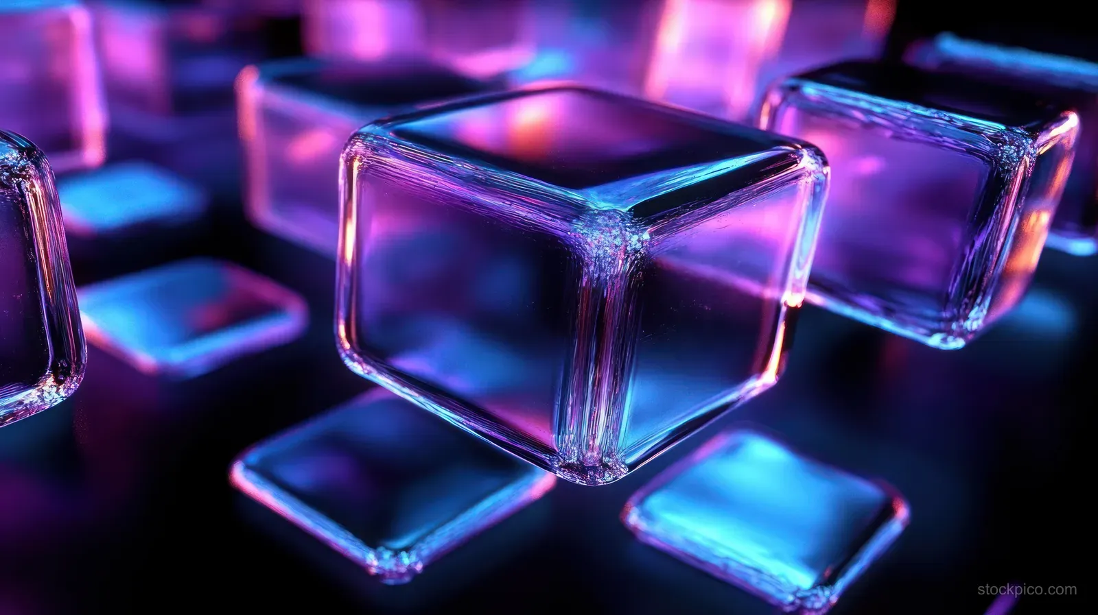 Semi-transparent glass cubes float in a dark background, glowing with purple and blue edges.